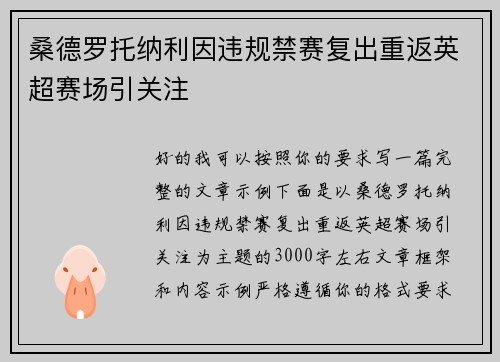 桑德罗托纳利因违规禁赛复出重返英超赛场引关注