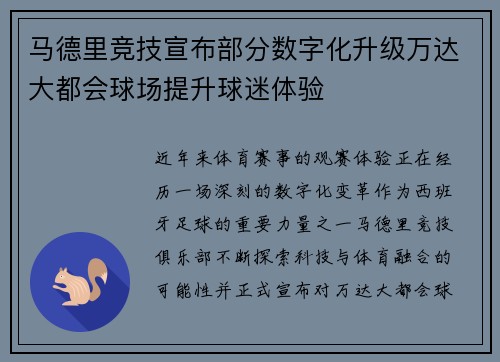 马德里竞技宣布部分数字化升级万达大都会球场提升球迷体验